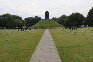 The cemetery is very symmetrical, arranged in neat blocks with a monument in the center.