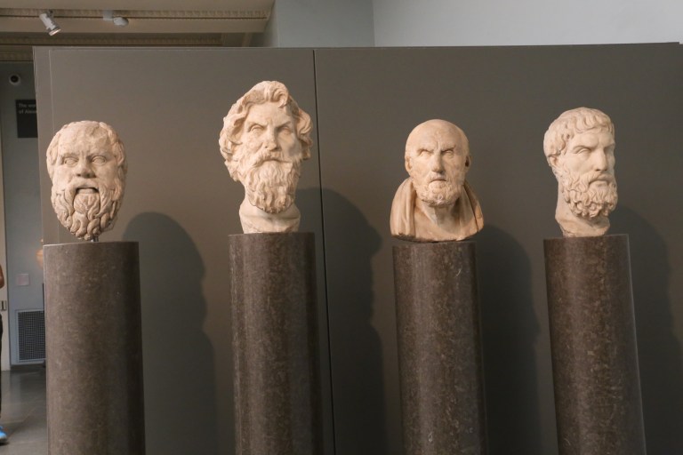 Philosopher Row (L-R): Sokrates, Anisthenes, Chrysippos, & Epikouros. Roman copies of the lost Greek originals from the 300-200s BC