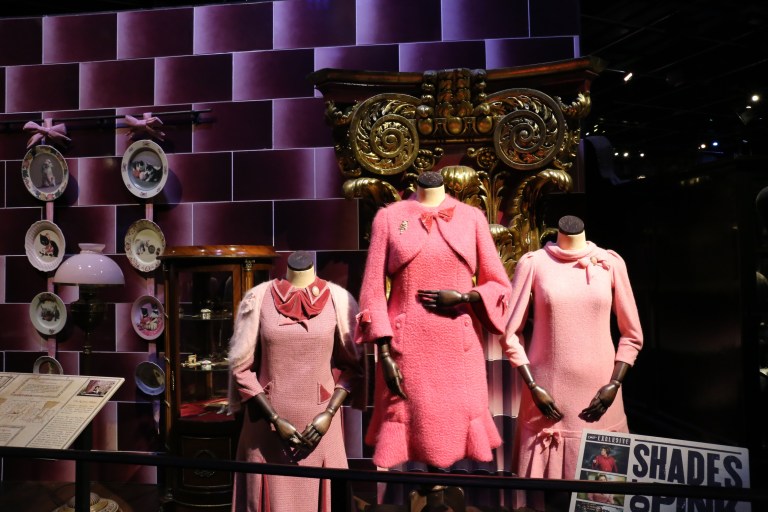 Umbridge's costumes - they used every imaginable shade of pink. For the kitten pictures on the plates decorating her walls, they actually did a Kitten Photo Shoot. 