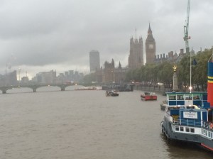 The Houses of Parliament with Big Ben on this rainy day while I walked across the Thames on the Embankment Bridge.