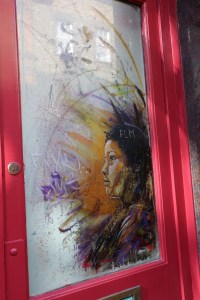This exquisite piece was stenciled on a doorway in several layers. It was illegal at the time, but the owners liked it enough to keep the art when they got a new door.