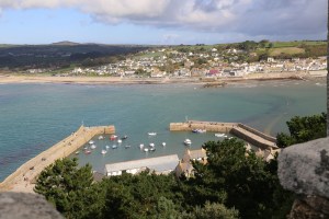 View from the top of the castle - you can see the causeway going off to the right in this shot, mostly covered by water.