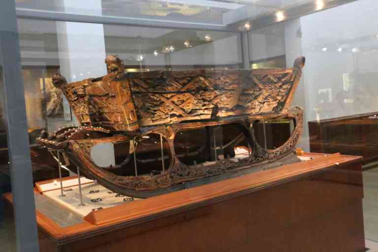 One of the decorative sledges found in the Oseberg ship.