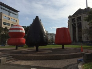 Buoys commemorate the importance of the sea to Belfast life and livelihood - these are actual buoys that have been retired.