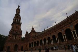 One of the two towers at either end of the plaza