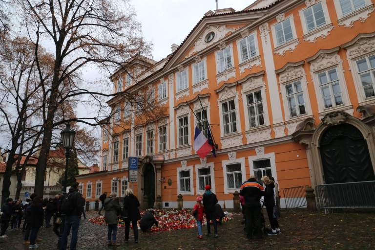 French Embassy in Prague where people have left tokens of solidarity and sympathy, taken 15 Nov 2015
