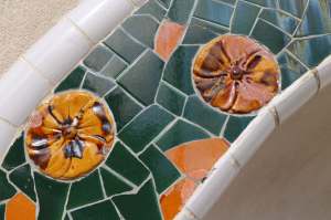 Detail of the pansy mosaic at the top of the main stairs