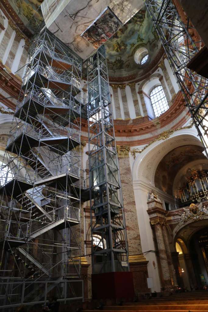 The temporary elevator and staircase for those brave enough to get up close to the dome.