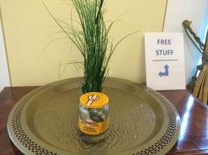 Give-away spot in the lounge. The sign reads, "Free Stuff (except the dish and the plant). This day someone was giving away gherkins. I suspect someone has an apple tree in their room since piles of apples appear each day, only to disappear before sundown.